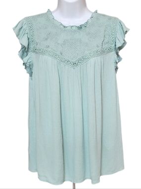 Democracy Crochet Trim Ruffle Cap Sleeve Embroidered Woven Top Boho Green M